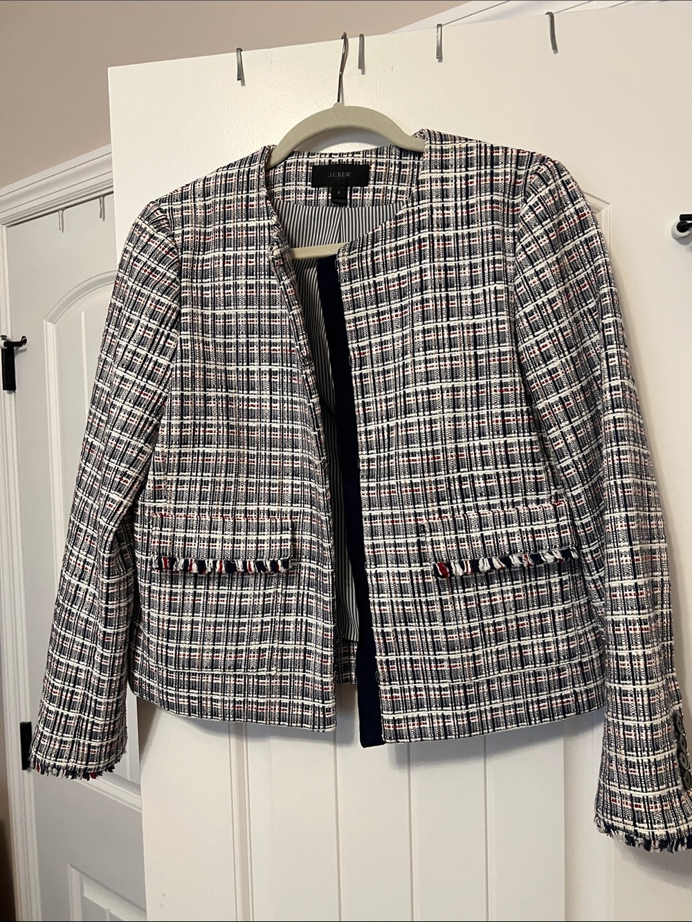 J. Crew Navy, White & Pink Tweed Collarless Blazer